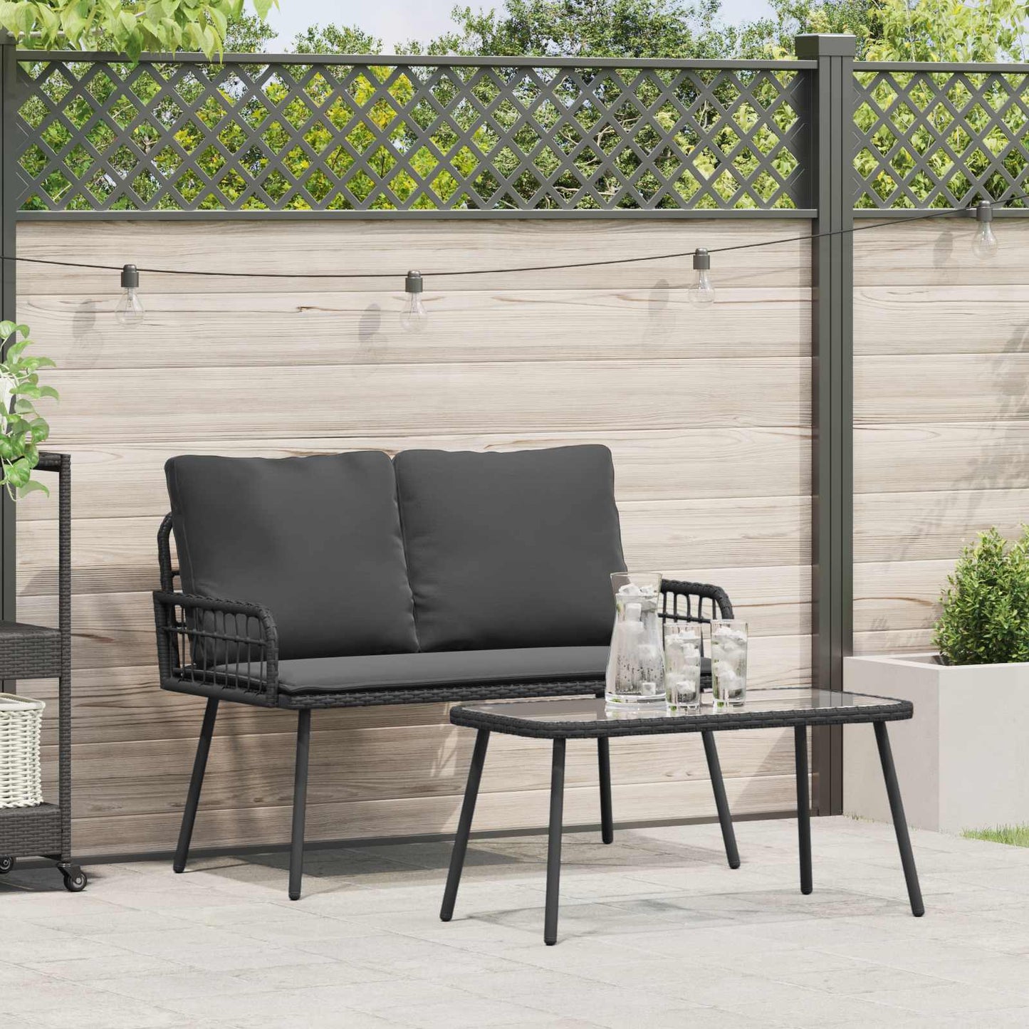 Set da Pranzo per Giardino con cuscino 2 pcs Nero polyrattan | homemem39