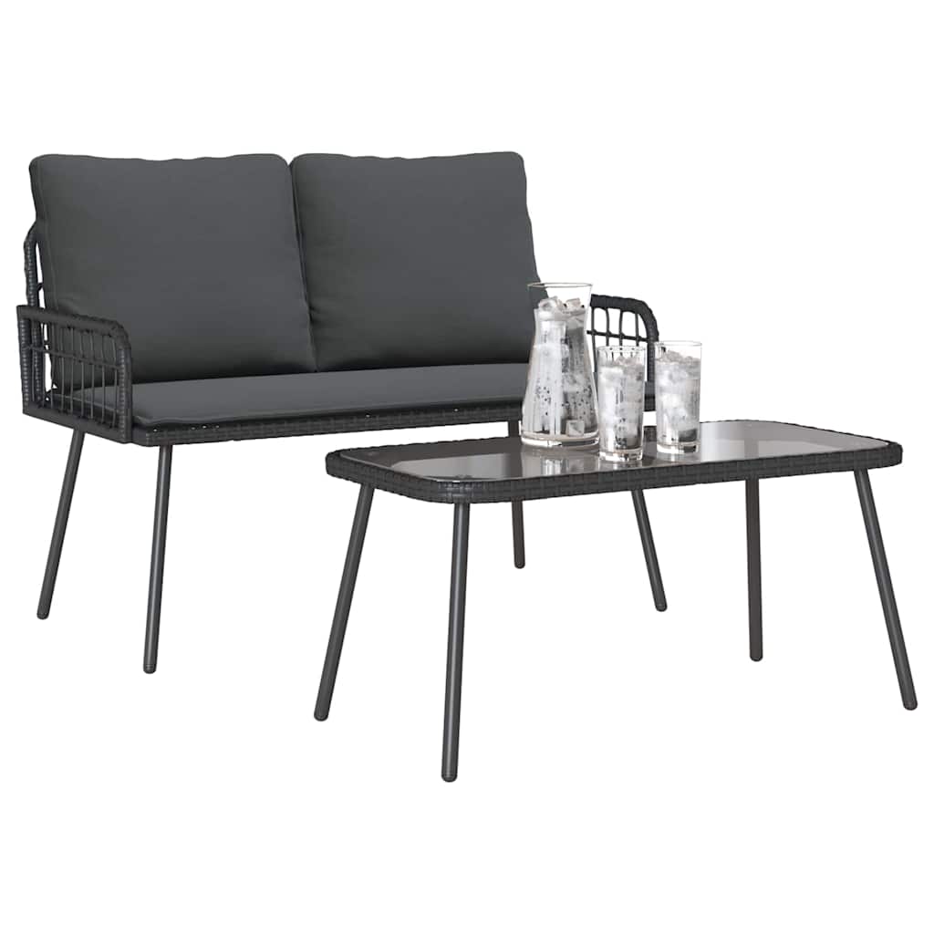 Set da Pranzo per Giardino con cuscino 2 pcs Nero polyrattan | homemem39