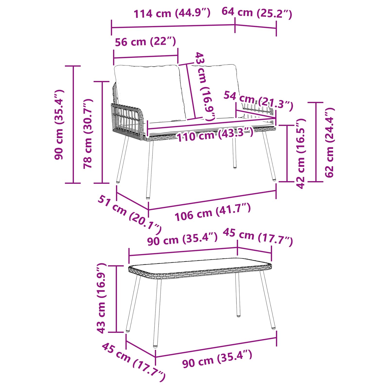 Set da Pranzo per Giardino 2 pcs Naturale polyrattan | homemem39