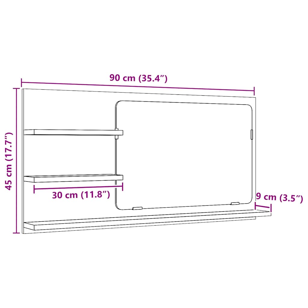 Mobiletto con Specchio per Bagno Rovere Nero 90x11x45 cm in Legno Massello | homemem39