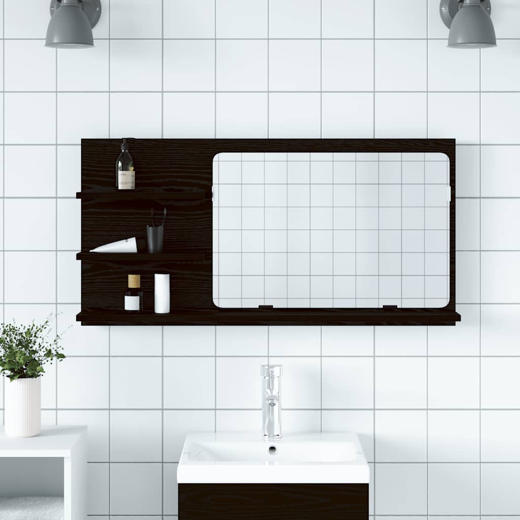 Mobiletto con Specchio per Bagno Rovere Nero 90x11x45 cm in Legno Massello | homemem39