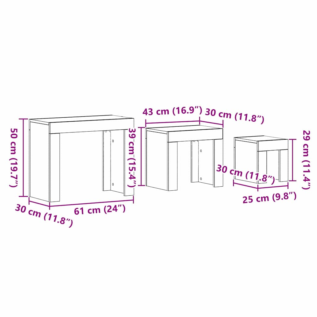 Tavoli da annidamento 3 pcs Rovere Nero Legno multistrato