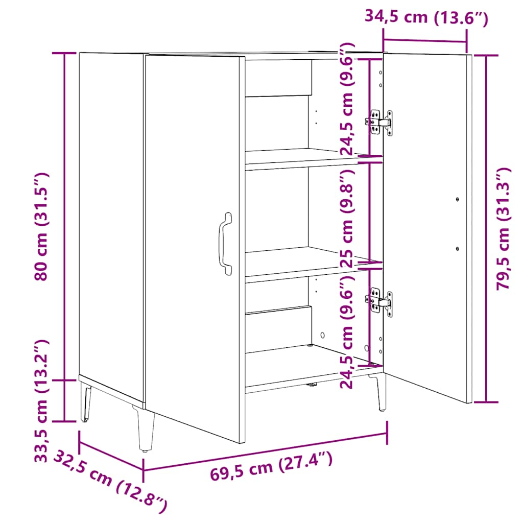 Credenza Rovere Nero 69,5x34x90 cm in Legno Multistrato