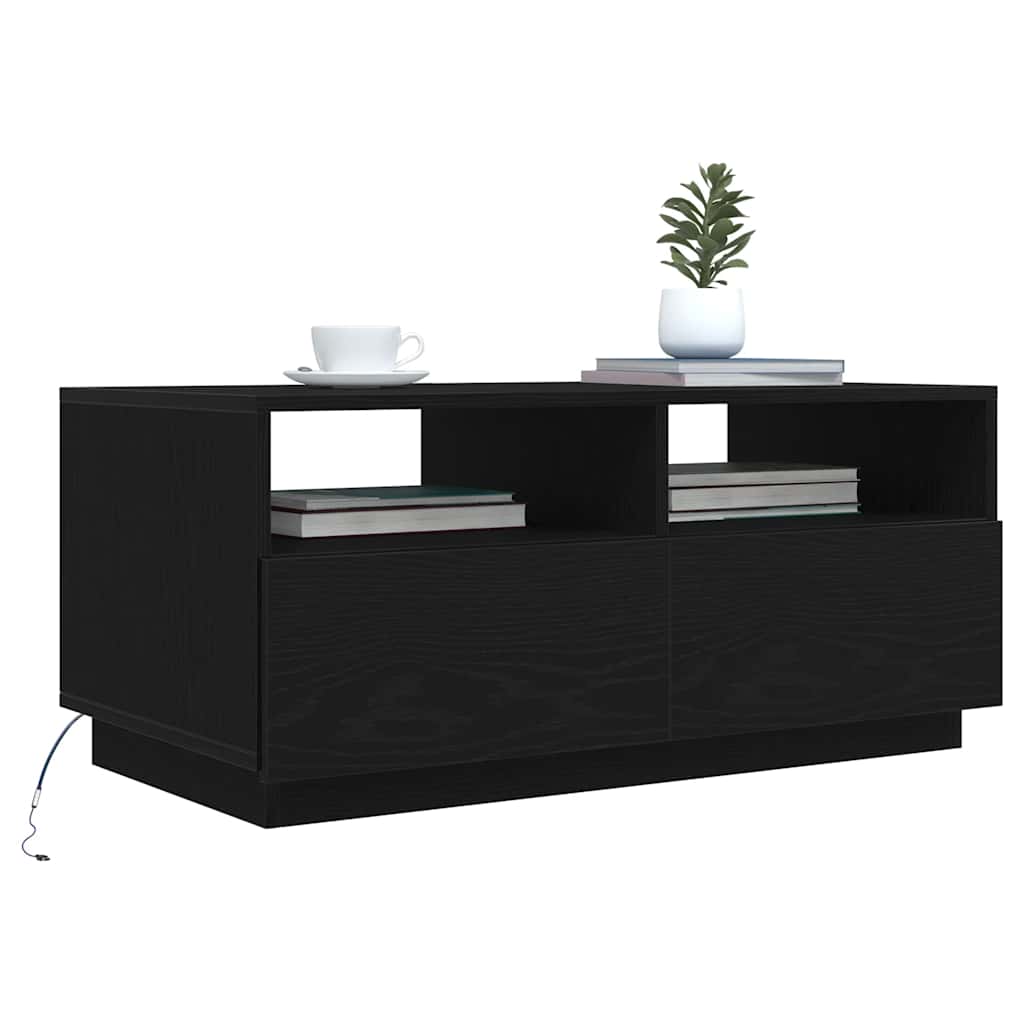 Tavolino da Soggiorno con Luci LED Rovere Nero 90x49x40 cm