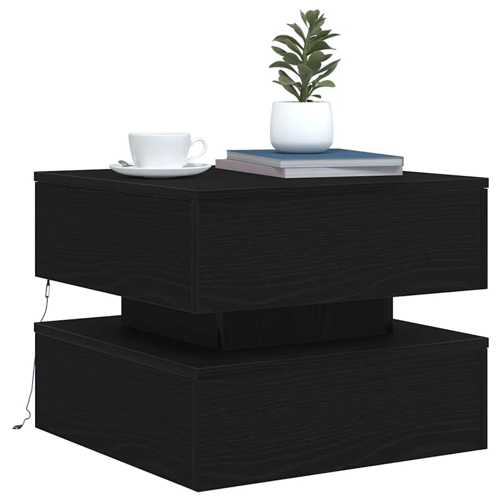 Tavolino da Salotto con Luci LED Rovere Nero 50x50x40 cm
