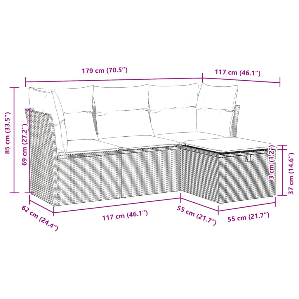 Set Divano da Giardino 4 pz con Cuscini Beige in Polyrattan - homemem39
