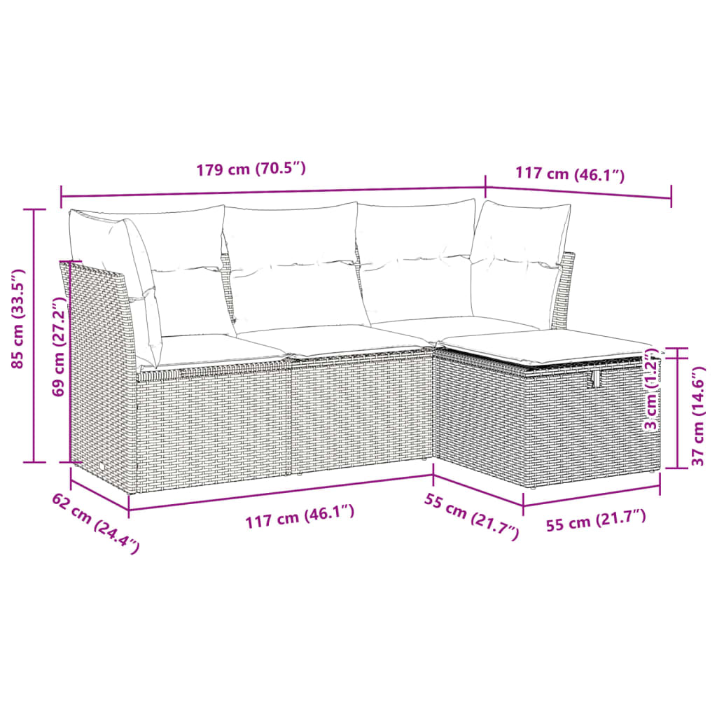 Set Divani da Giardino 4 pz con Cuscini in Polyrattan Grigio | homemem39