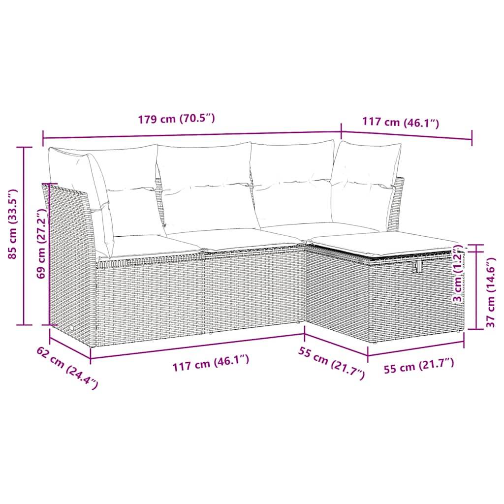 Set Divano da Giardino 4 pz con Cuscini Marrone in Polyrattan