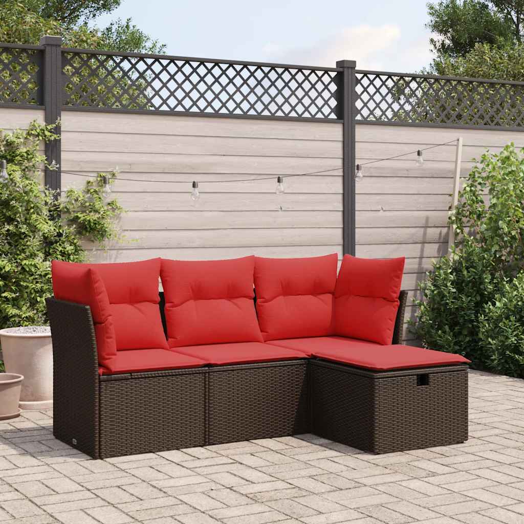 Set Divano da Giardino 4 pz con Cuscini Marrone in Polyrattan