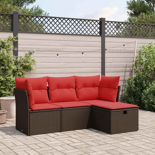 Set Divano da Giardino 4 pz con Cuscini Marrone in Polyrattan