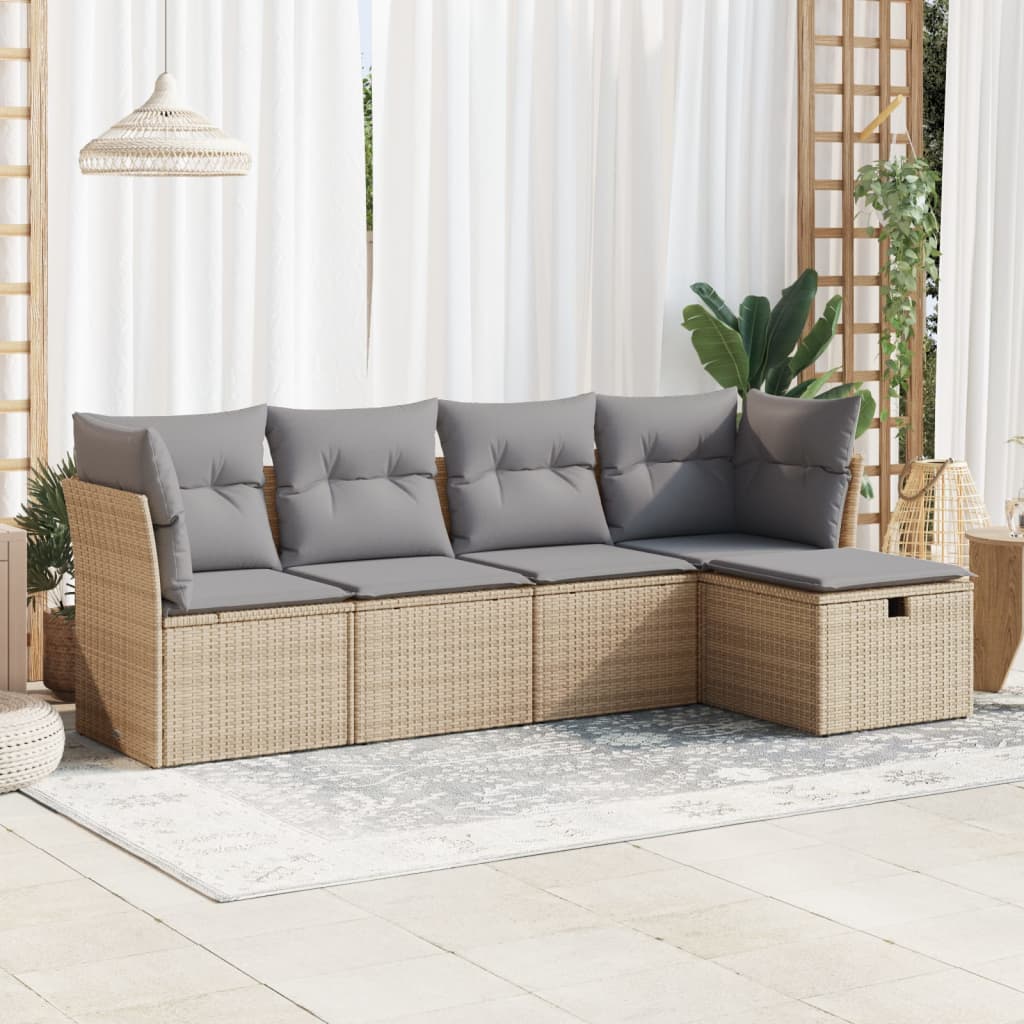 Set Divano da Giardino 5 pz con Cuscini Beige in Polyrattan - homemem39