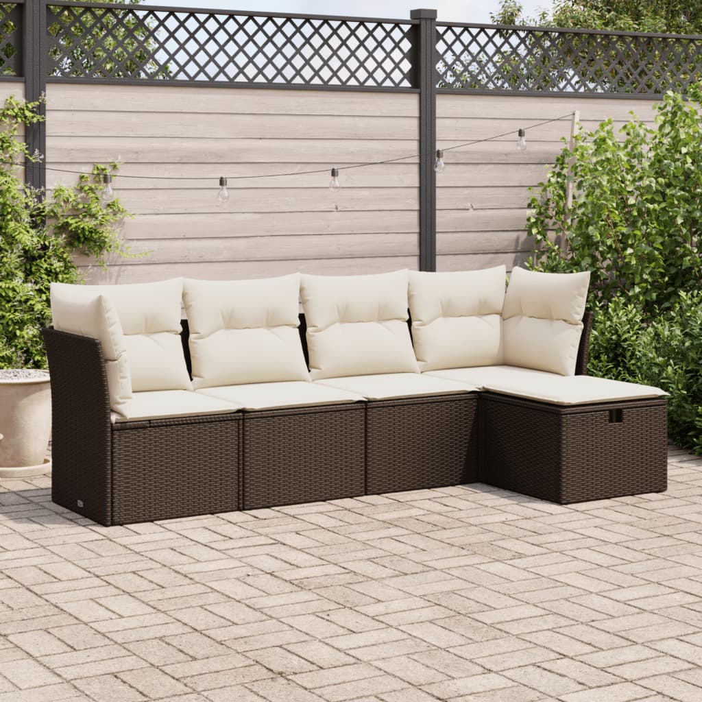 Set Divano da Giardino 5 pz con Cuscini Marrone in Polyrattan - homemem39
