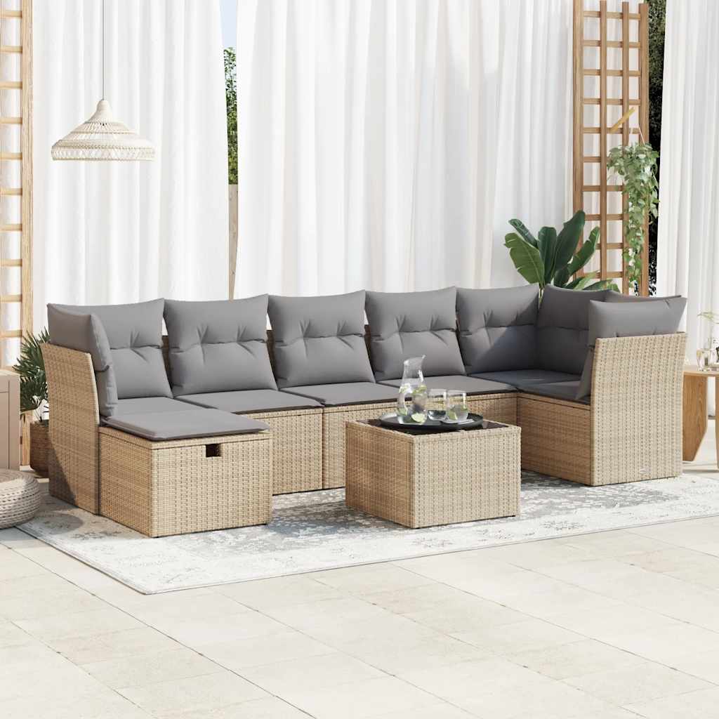 Set Divano da Giardino 8 pz con Cuscini Beige in Polyrattan