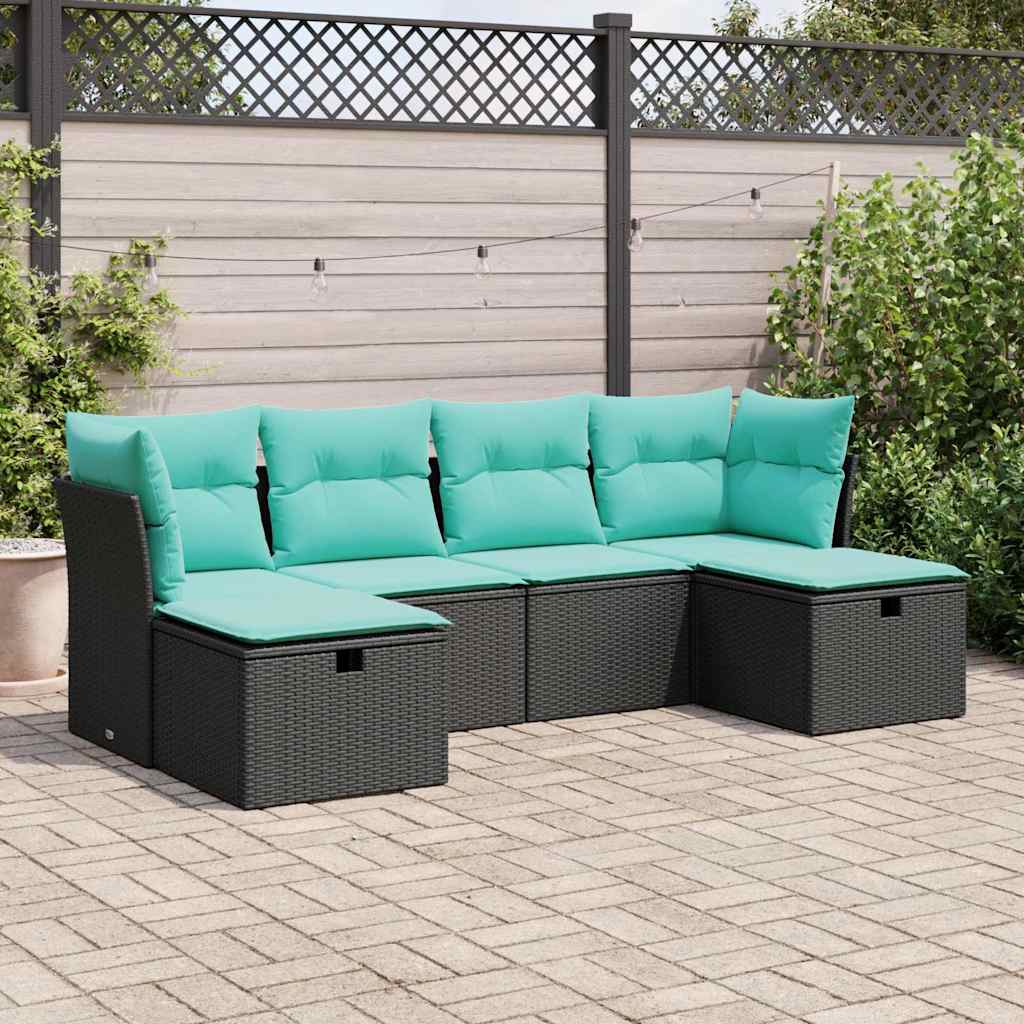 Set Divano da Giardino 6 pz con Cuscini Nero in Polyrattan | homemem39