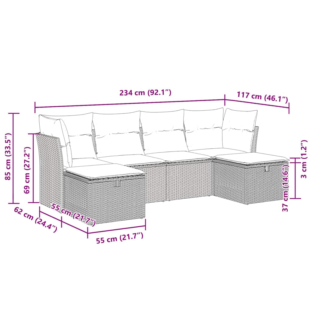 Set Divano da Giardino 6 pz con Cuscini Marrone in Polyrattan | homemem39