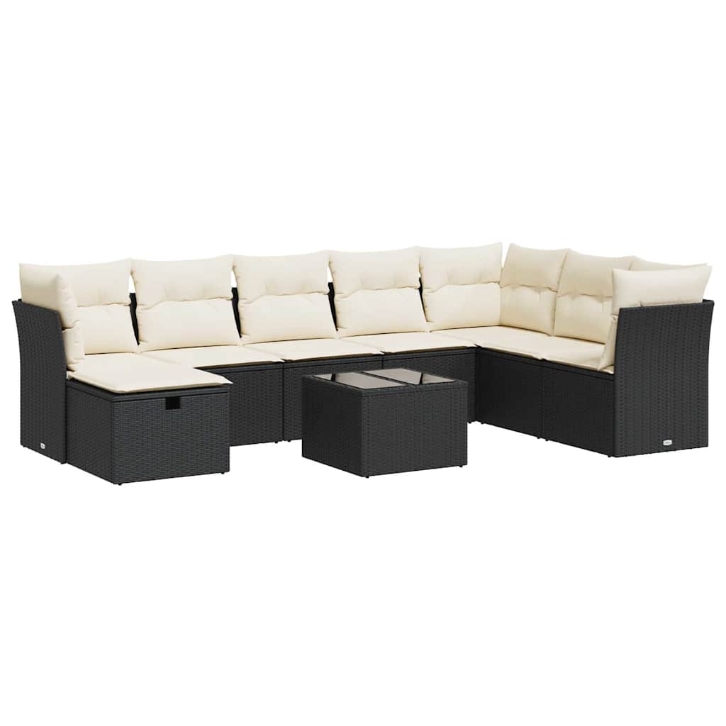 Set Divani da Giardino 9 pz con Cuscini Nero in Polyrattan