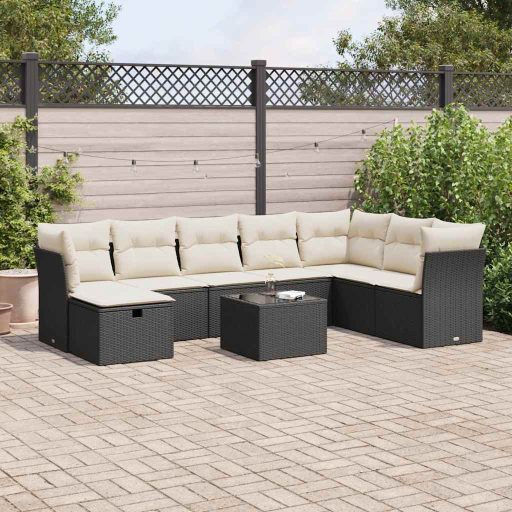 Set Divani da Giardino 9 pz con Cuscini Nero in Polyrattan