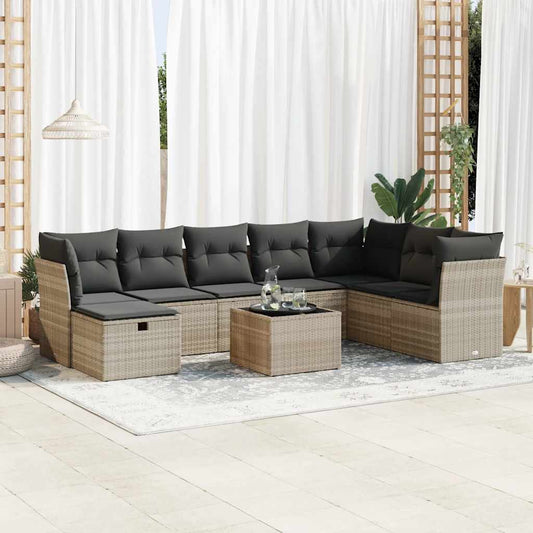 Set Divano da Giardino 9pz con Cuscini Grigio Chiaro Polyrattan - homemem39