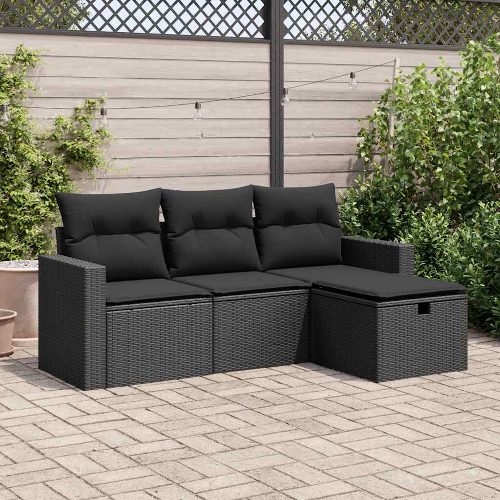 Set Divani da Giardino 4 pz con Cuscini Nero in Polyrattan | homemem39