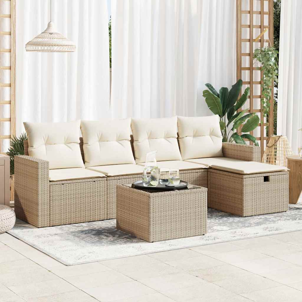 Set Divano da Giardino 6 pz con Cuscini Beige in Polyrattan