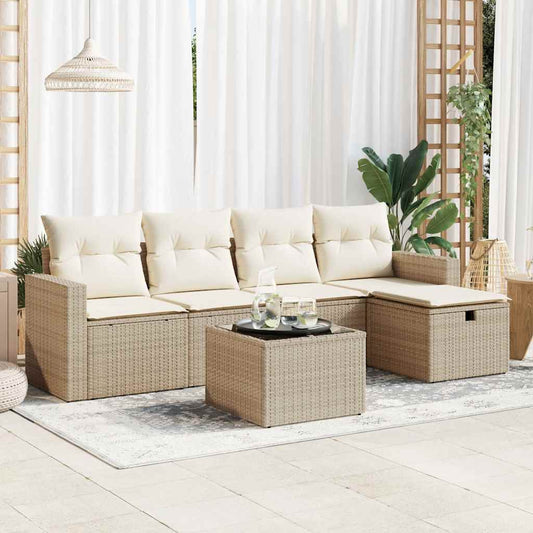Set Divano da Giardino 6 pz con Cuscini Beige in Polyrattan
