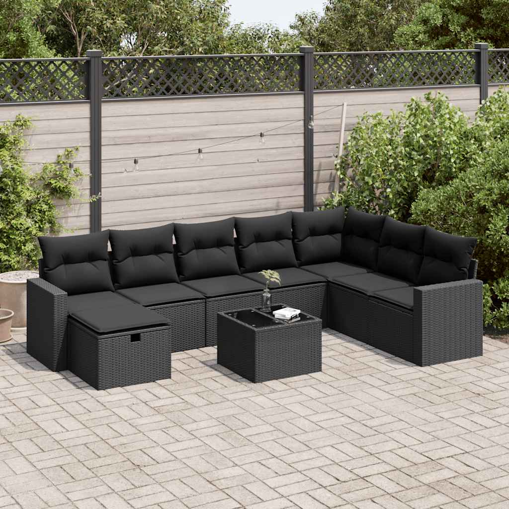 Set Divani da Giardino 9 pz con Cuscini Nero in Polyrattan | homemem39