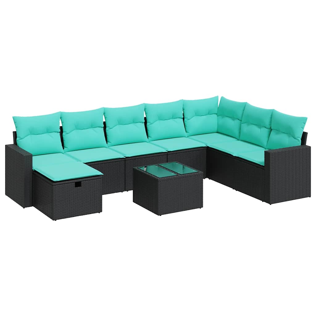 Set Divani da Giardino 9 pz con Cuscini Nero in Polyrattan