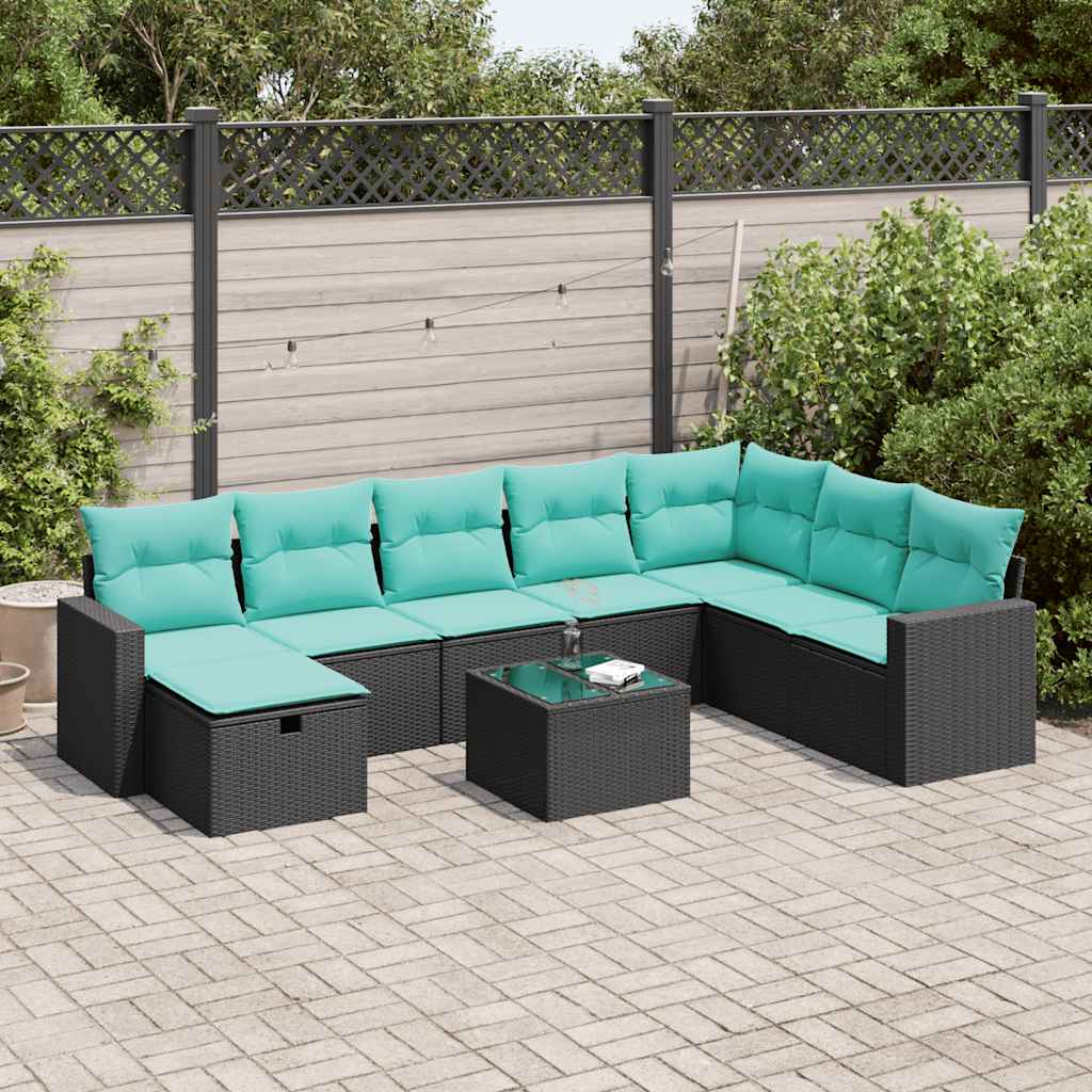 Set Divani da Giardino 9 pz con Cuscini Nero in Polyrattan | homemem39