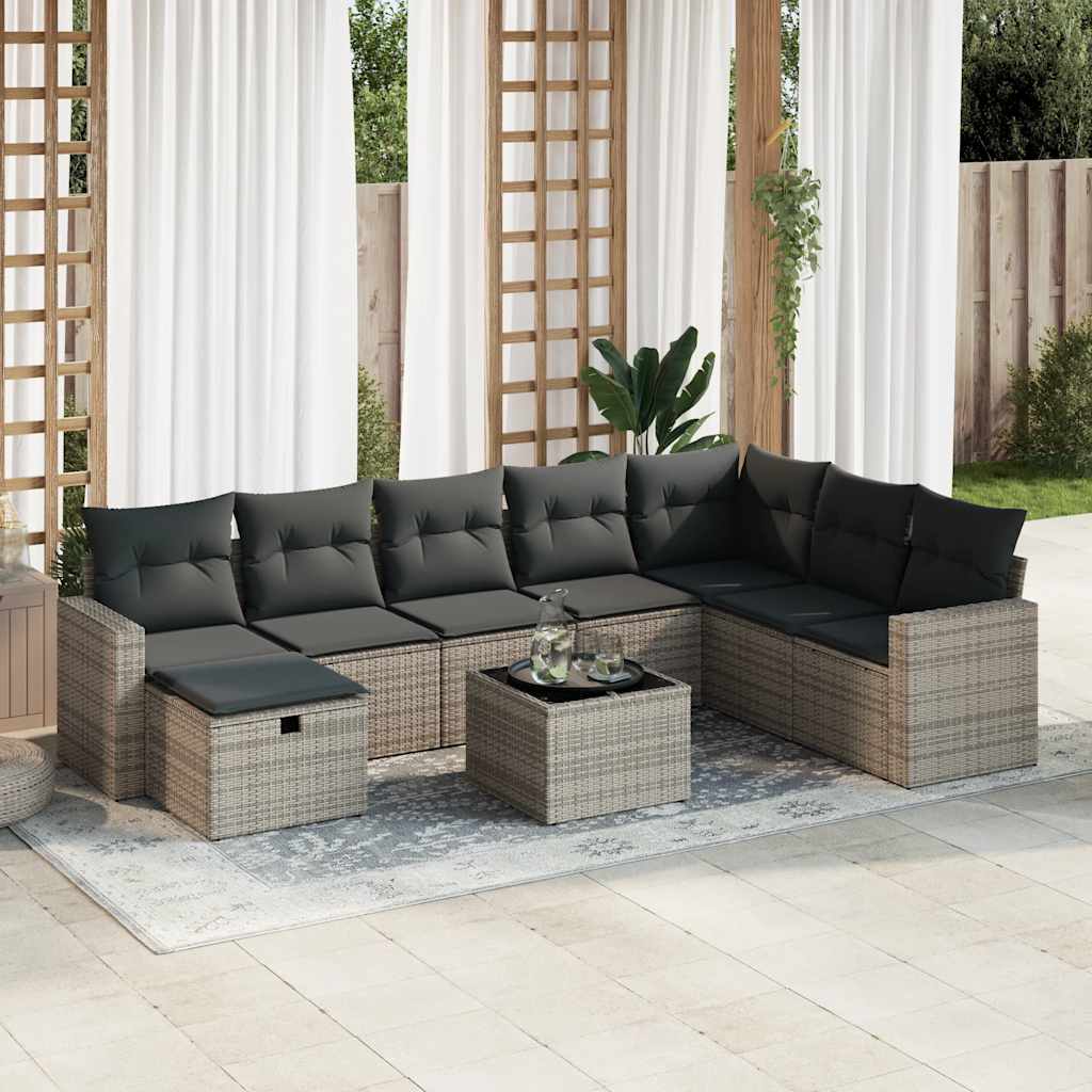 Set Divano da Giardino 9 pz con Cuscini Grigio in Polyrattan