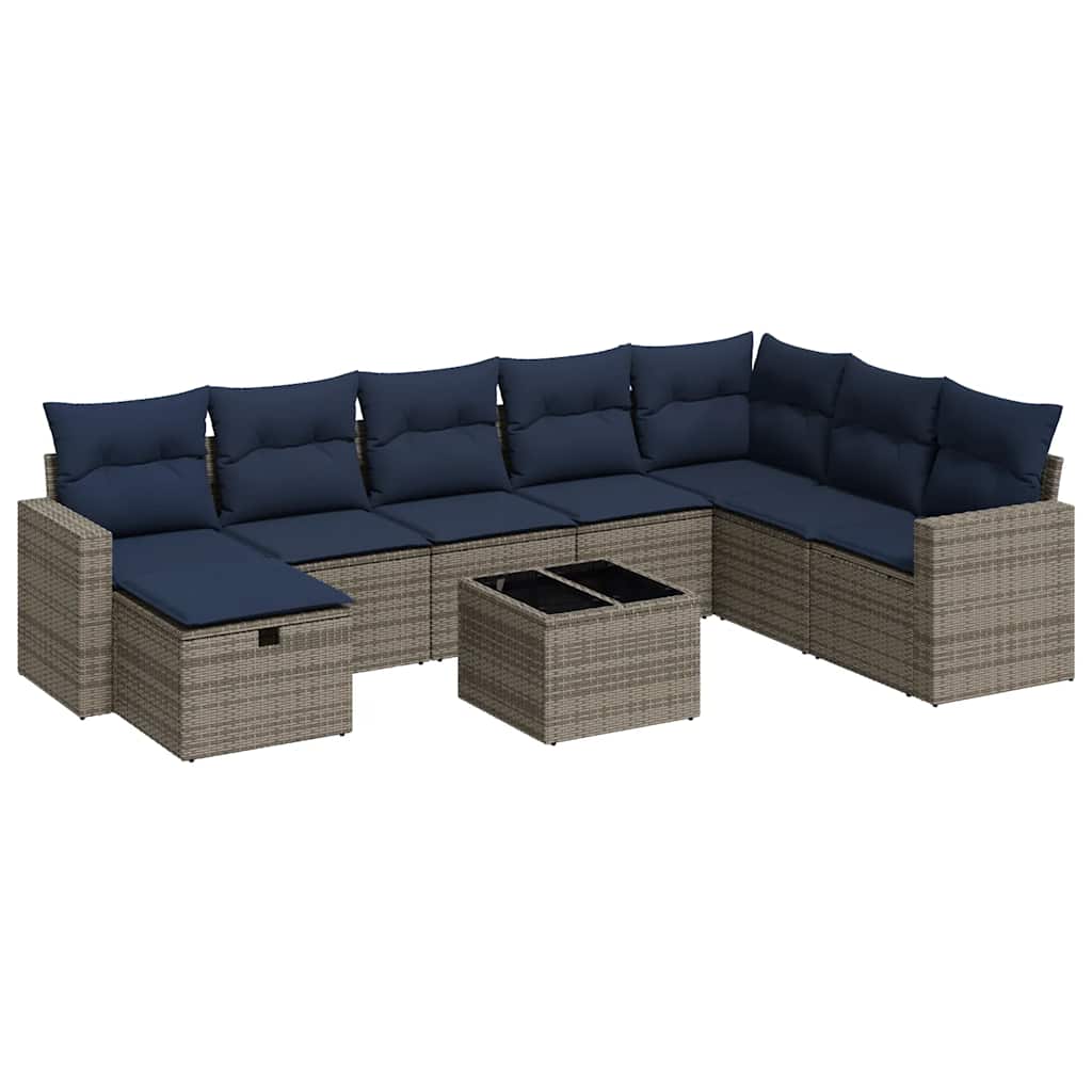 Set Divano da Giardino 9 pz con Cuscini Grigio in Polyrattan
