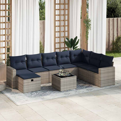 Set Divano da Giardino 9 pz con Cuscini Grigio in Polyrattan