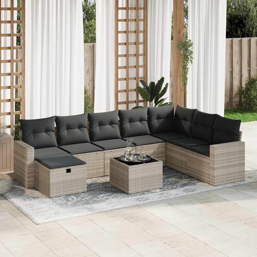 Set Divano da Giardino 9pz con Cuscini Grigio Chiaro Polyrattan - homemem39