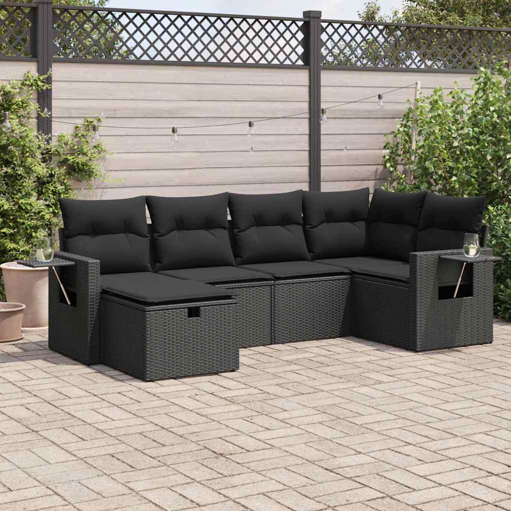 Set Divano da Giardino 6 pz con Cuscini Nero in Polyrattan