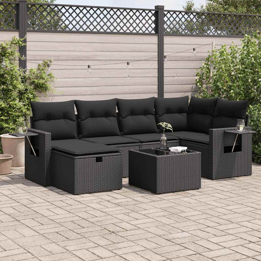 Set Divani da Giardino con Cuscini 7pz Nero Polyrattan