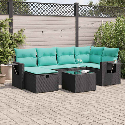 Set Divani da Giardino con Cuscini 7pz Nero Polyrattan