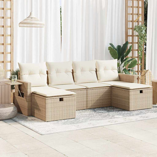 Set Divano da Giardino 6 pz con Cuscini Beige in Polyrattan