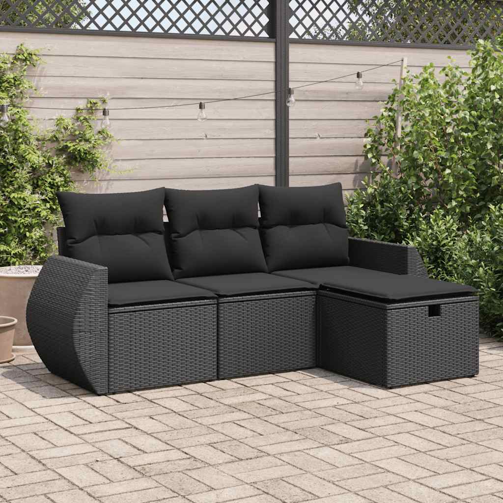 Set Divani da Giardino 4 pz con Cuscini Nero in Polyrattan | homemem39