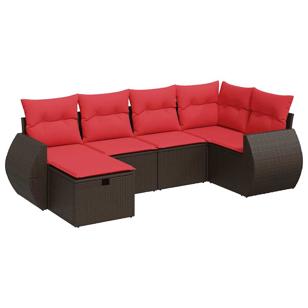 Set Divano da Giardino 6 pz con Cuscini Marrone in Polyrattan