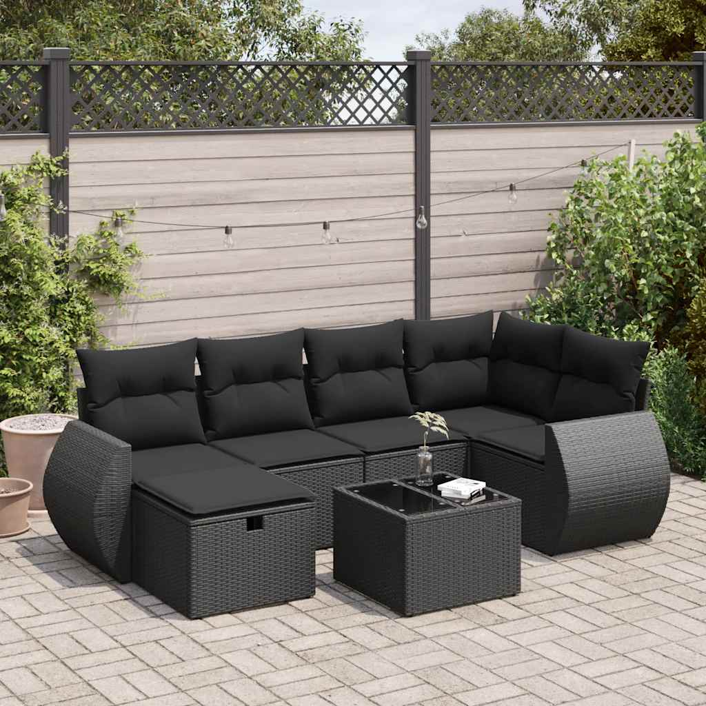 Set Divani da Giardino con Cuscini 7pz Nero Polyrattan