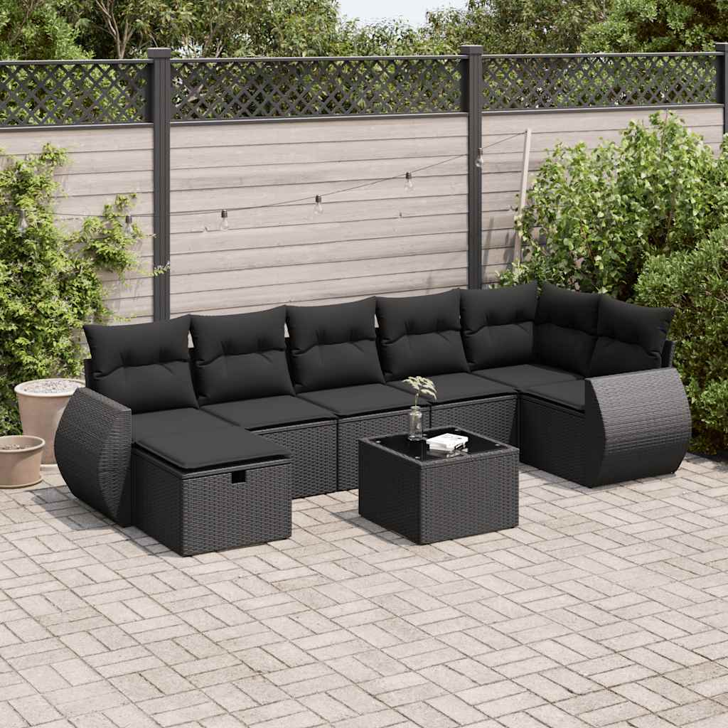 Set Divani da Giardino con Cuscini 8 pz Nero in Polyrattan