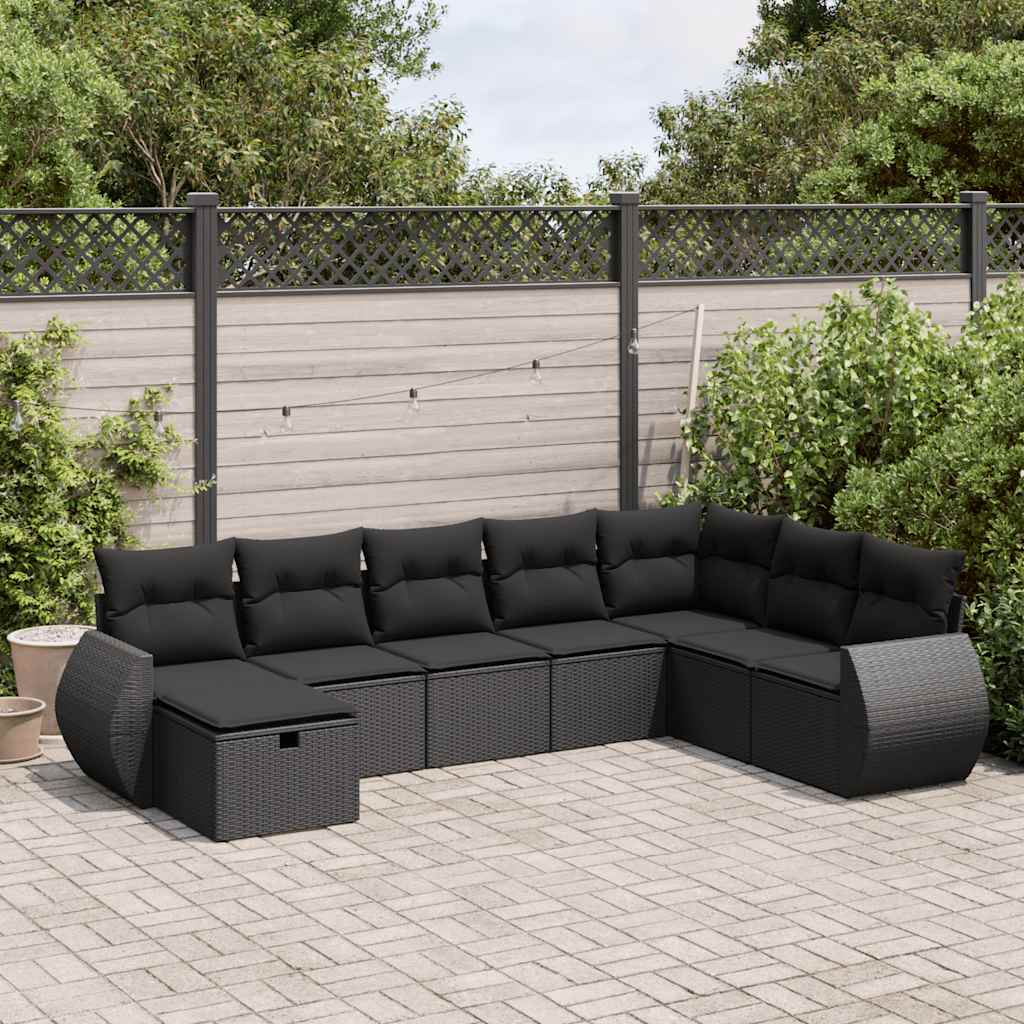 Set Divani da Giardino con Cuscini 8 pz Nero in Polyrattan