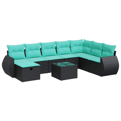 Set Divani da Giardino 9 pz con Cuscini Nero in Polyrattan