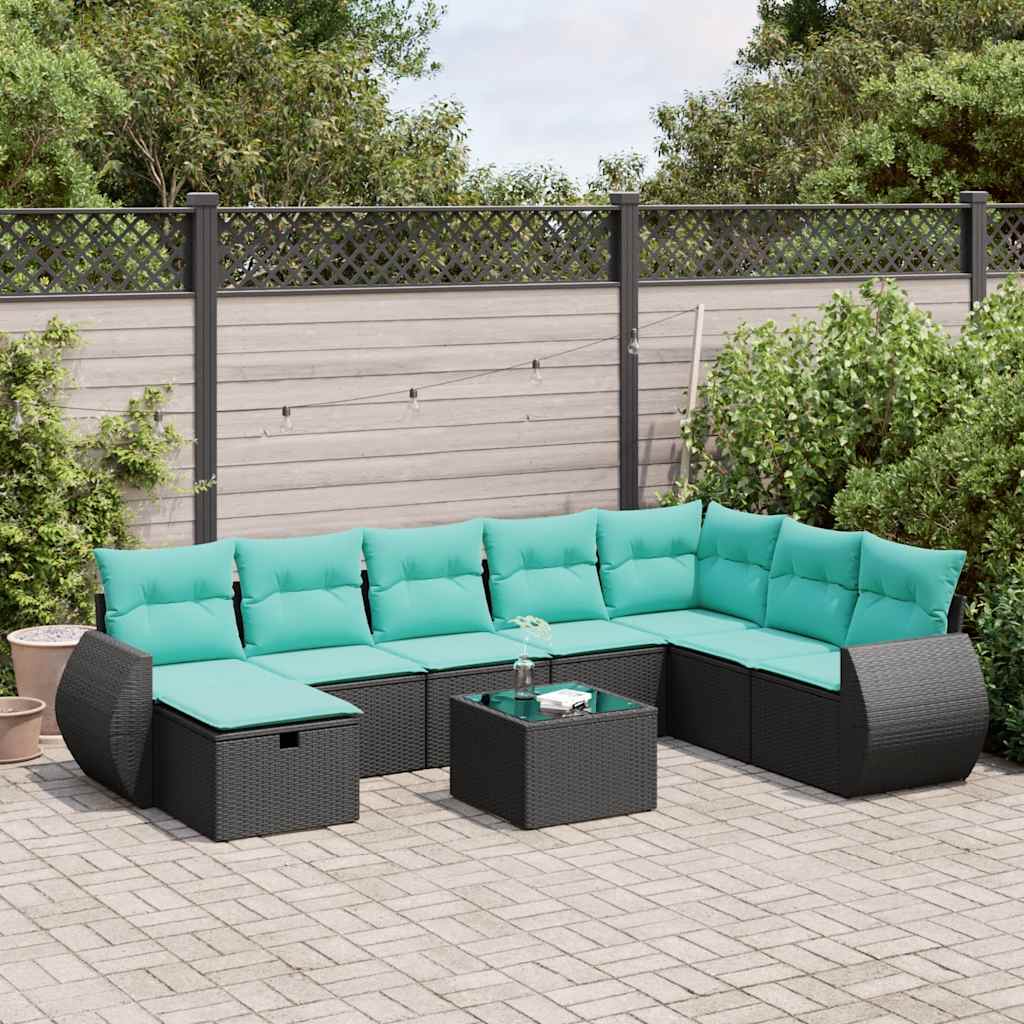 Set Divani da Giardino 9 pz con Cuscini Nero in Polyrattan