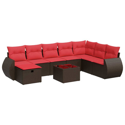 Set Divani da Giardino 9pz con Cuscini Marrone in Polyrattan