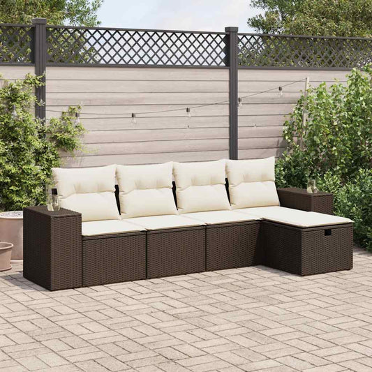 Set Divano da Giardino 5 pz con Cuscini Marrone in Polyrattan - homemem39