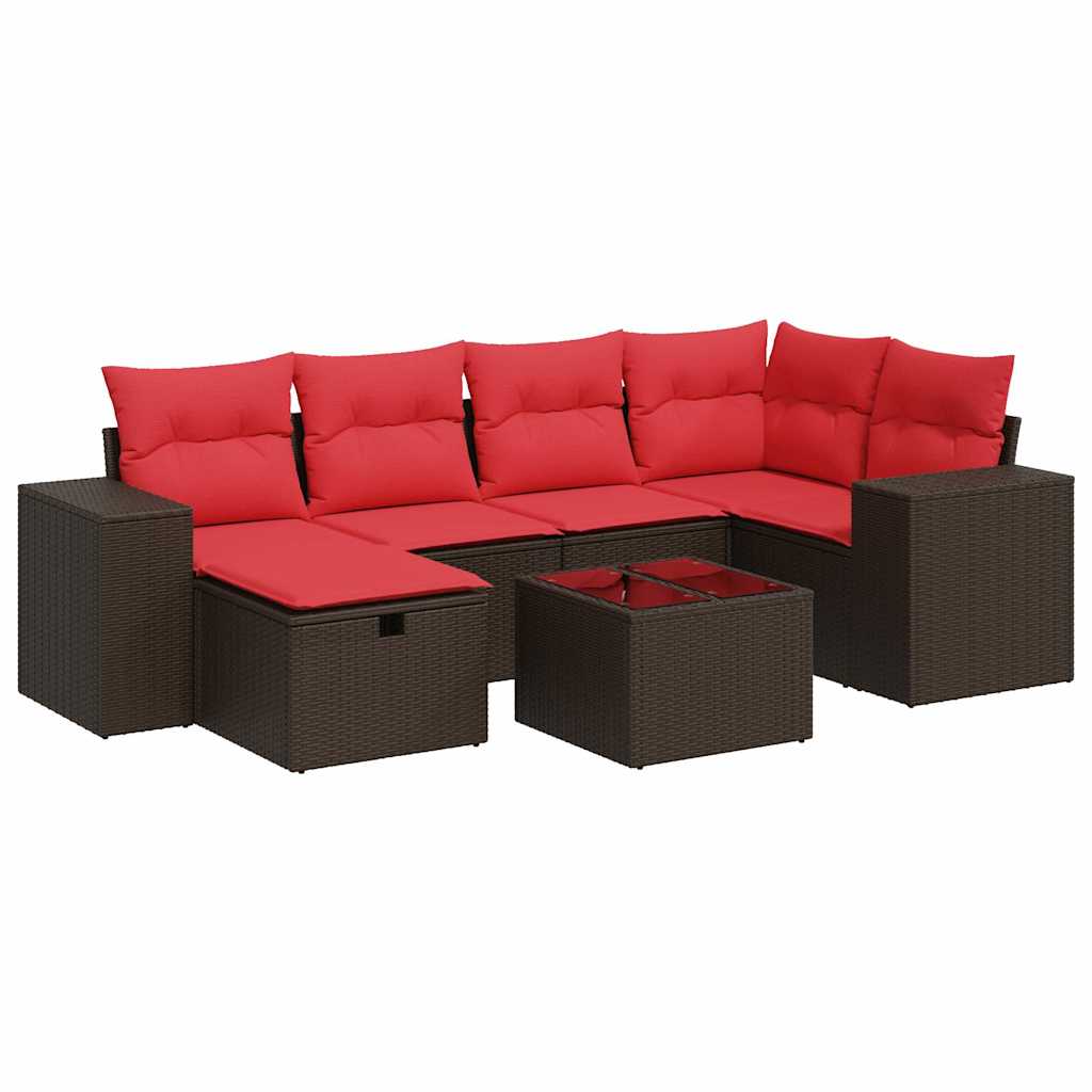 Set Divani da Giardino 7 pz con Cuscini Marrone in Polyrattan