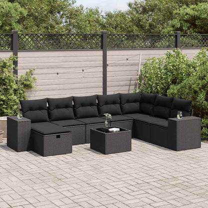 Set Divani da Giardino 9 pz con Cuscini Nero in Polyrattan