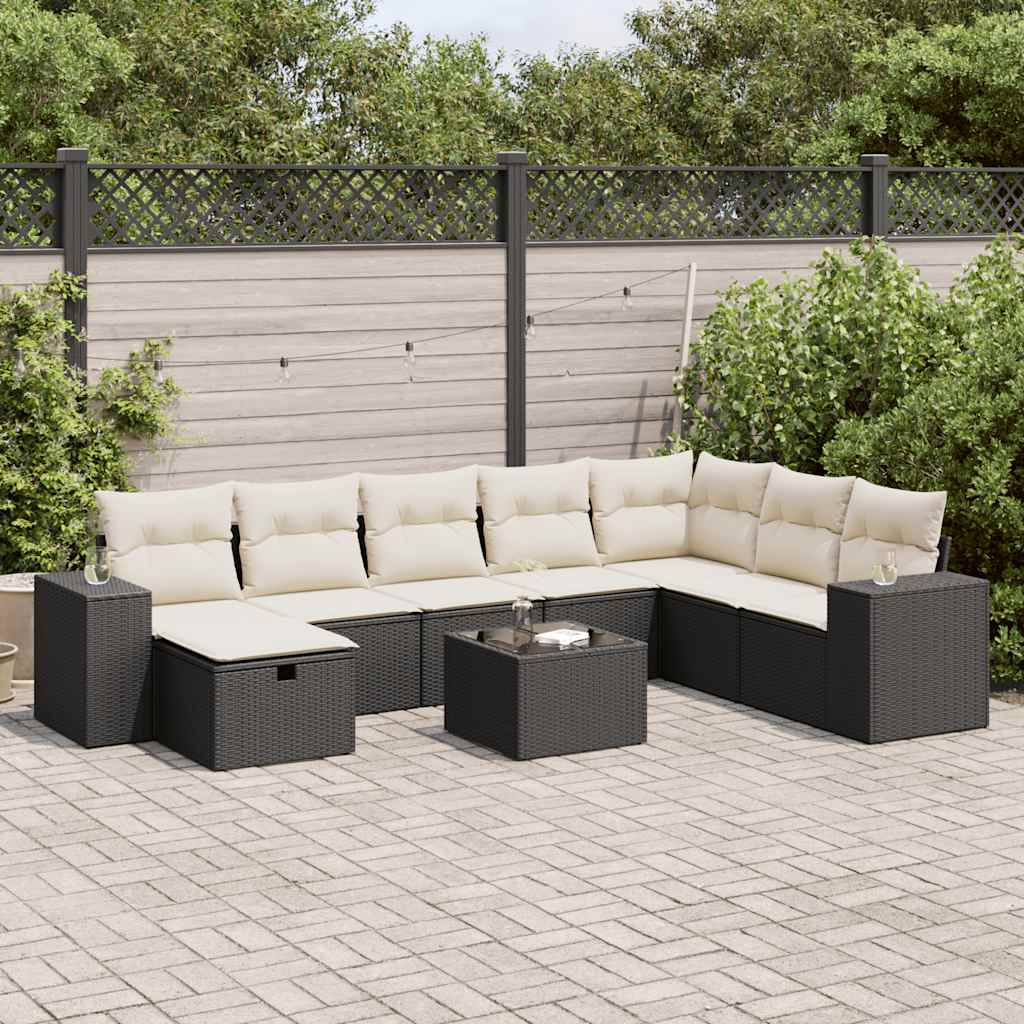 Set Divani da Giardino 9 pz con Cuscini Nero in Polyrattan | homemem39