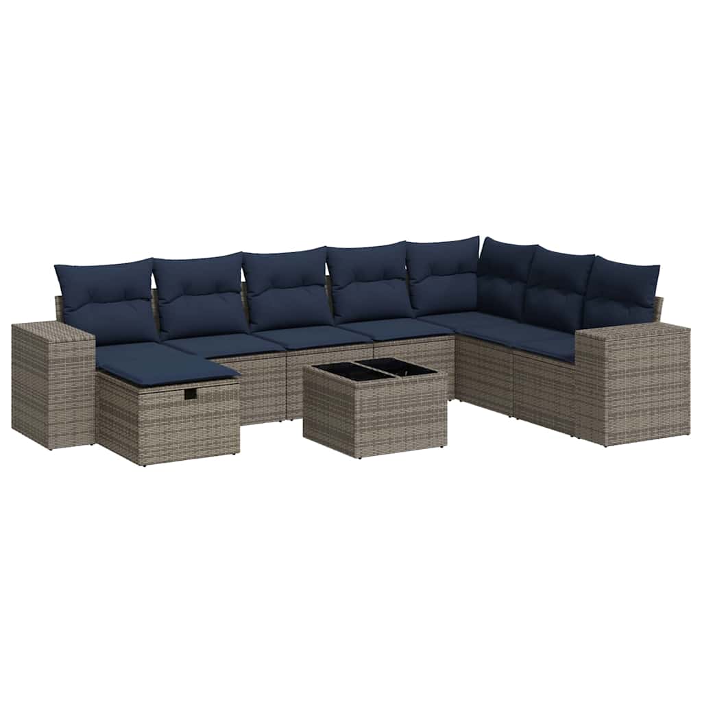 Set Divano da Giardino 9 pz con Cuscini Grigio in Polyrattan
