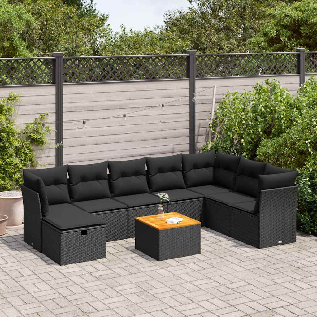 Set Divani da Giardino 9 pz con Cuscini Nero in Polyrattan | homemem39